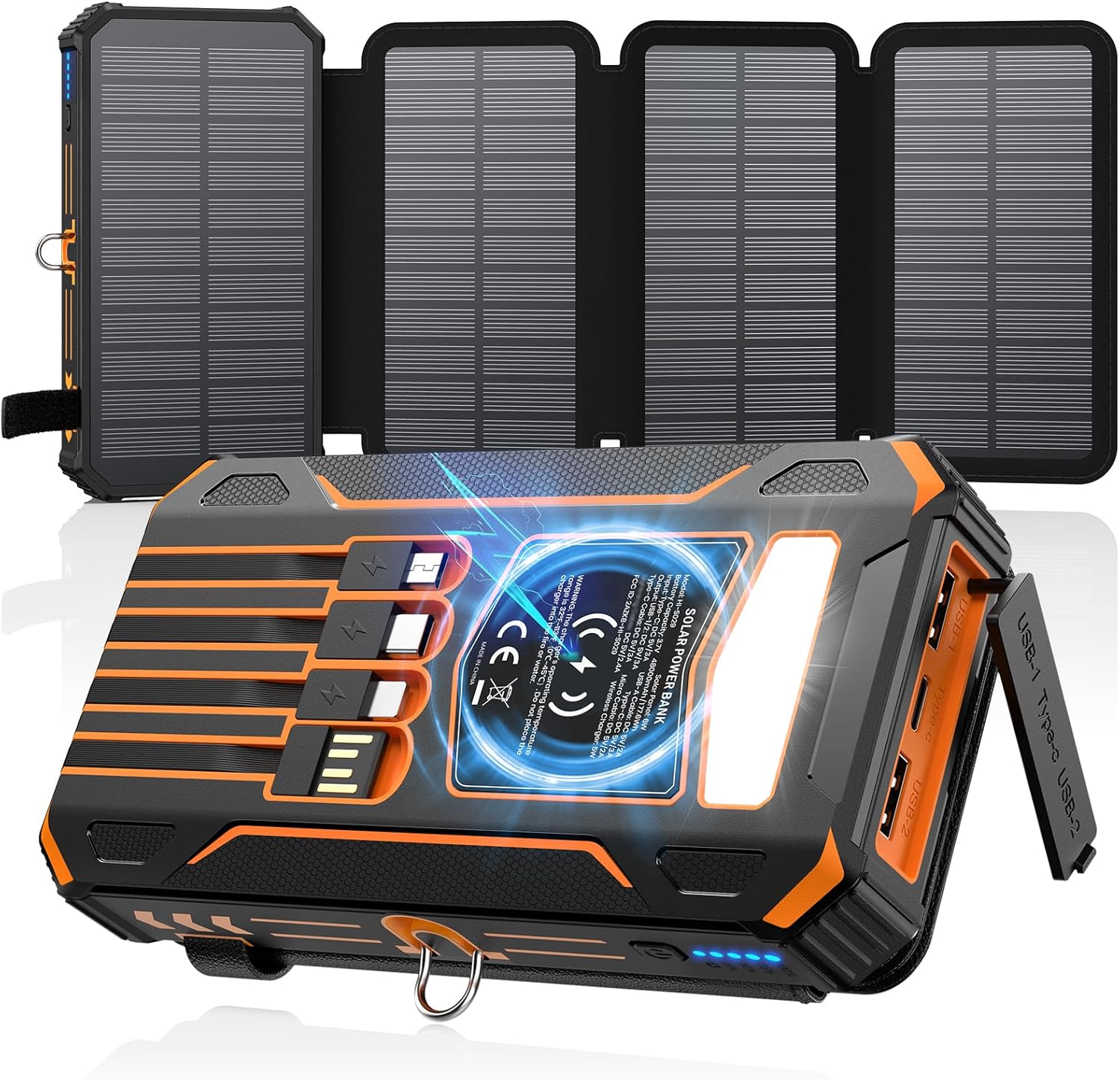 SOARAISE Solar Charger Power Bank - 48000mAh Wireless Portable Charger Built-in 4 Cables and 4 Solar Panels, PD QC 3.0 Fast Charging USB C Battery Pack with Flashlight for Camping Travel