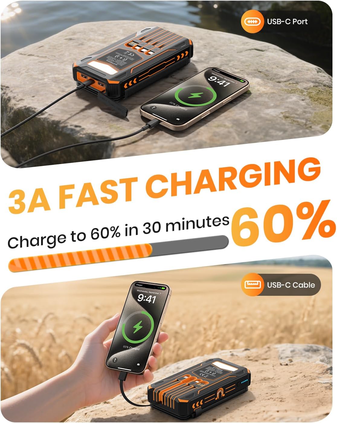 SOARAISE Solar Charger Power Bank - 48000mAh Wireless Portable Charger Built-in 4 Cables and 4 Solar Panels, PD QC 3.0 Fast Charging USB C Battery Pack with Flashlight for Camping Travel - Image 4
