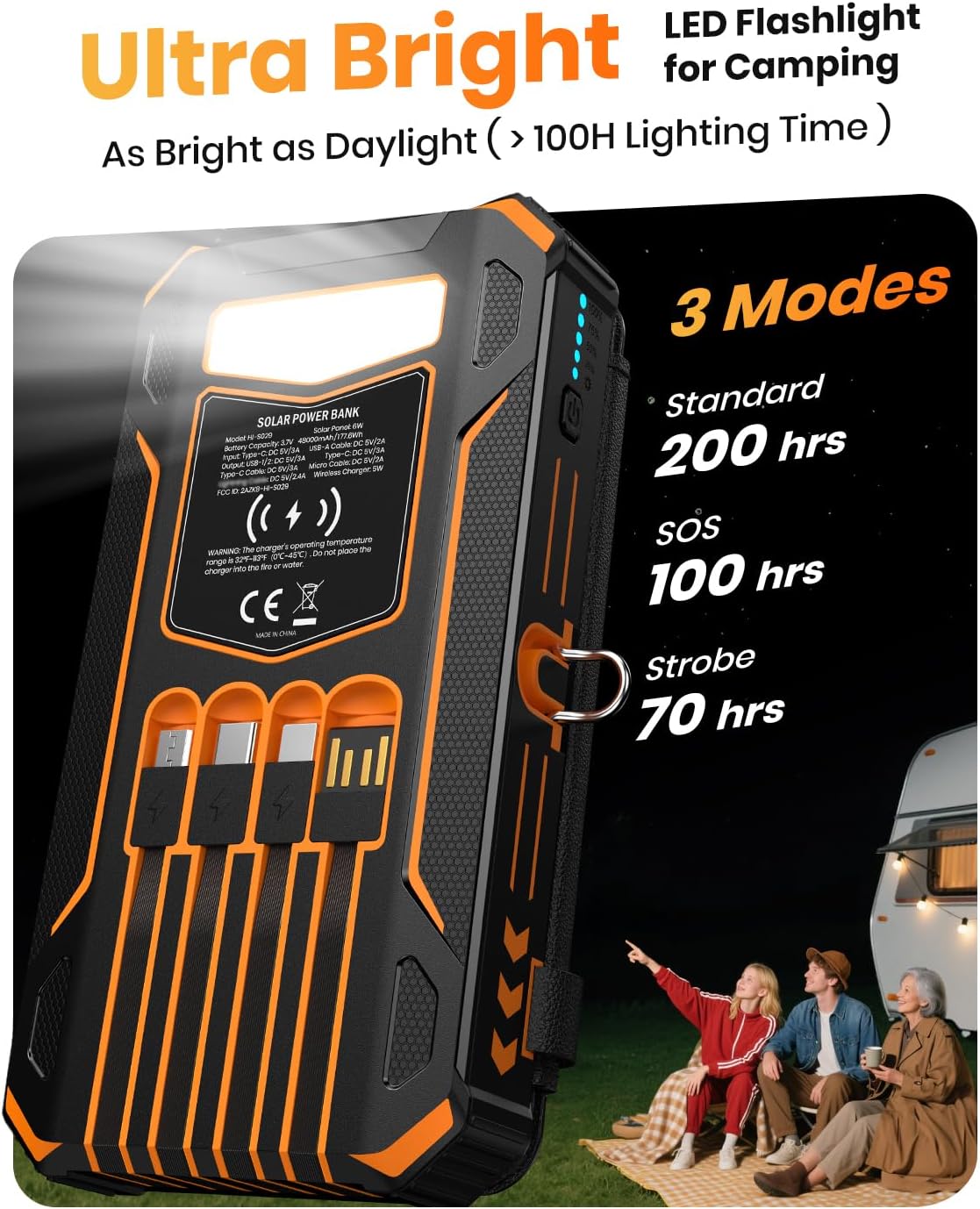 SOARAISE Solar Charger Power Bank - 48000mAh Wireless Portable Charger Built-in 4 Cables and 4 Solar Panels, PD QC 3.0 Fast Charging USB C Battery Pack with Flashlight for Camping Travel - Image 7