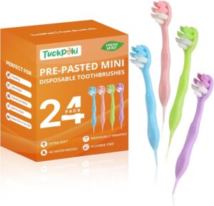 24-Pack Pre-Pasted Mini Travel Toothbrushes, Individually Wrapped Value Pack, Disposable Toothbrushes with Toothpaste, Waterless Single-Use Extra Soft Bristle for Adults, On-The-Go & Braces